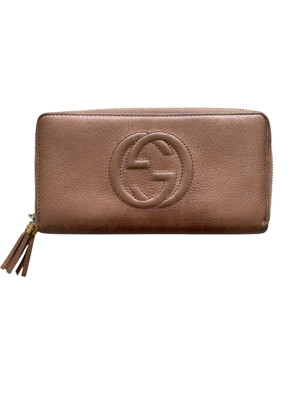 Gucci Soho Metallic Rose Gold Leather Zip Around Wallet GG Tassel Made in Italy